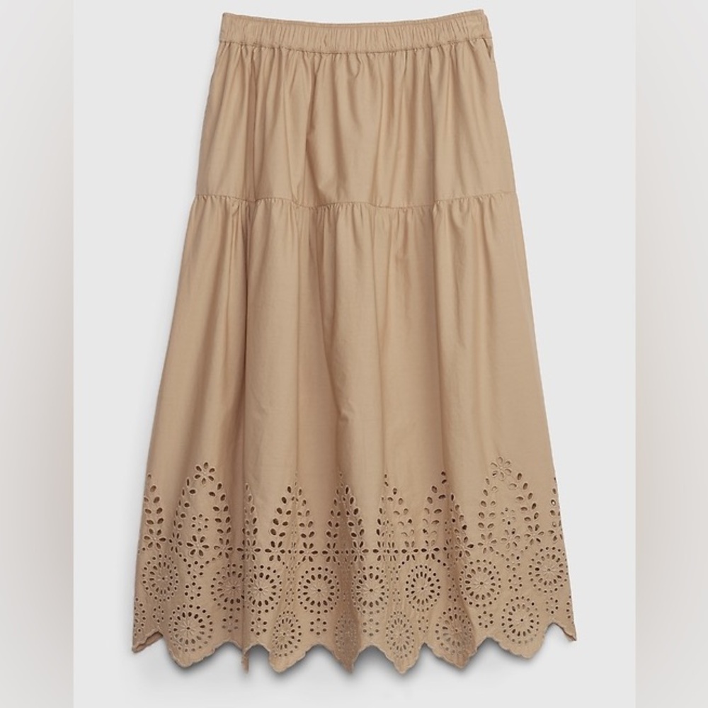 Gap Tiered Eyelet Midi Skirt - pockets, brown/cashew colour, 100% cotton (S)